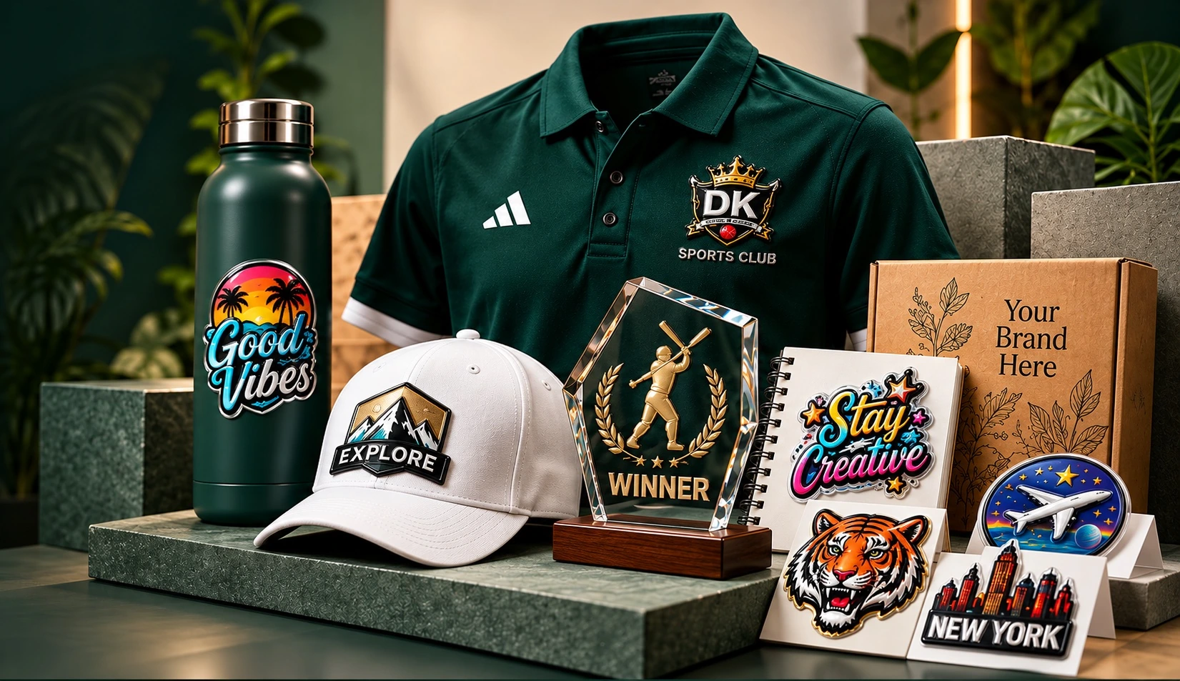 A dark green polo shirt with a DK Sports Club patch, a water bottle and a cap with printed stickers, an acrylic winner trophy, a notebook and a branded cardboard box